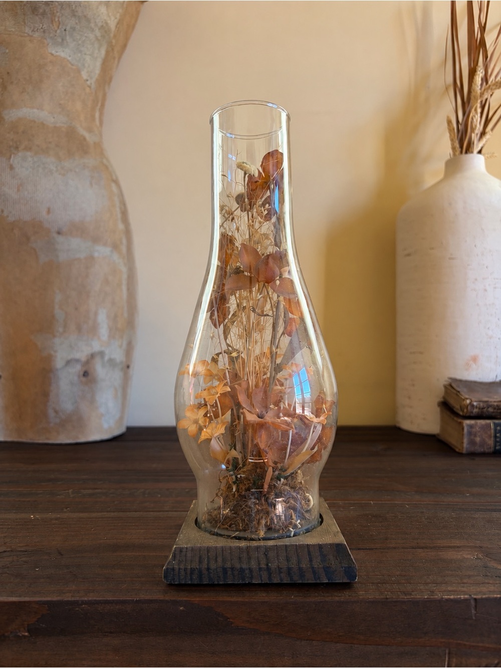 70’s Vintage Dried Floral Arrangement in Glass Oil Lamp Chimney on Wood Base 11”